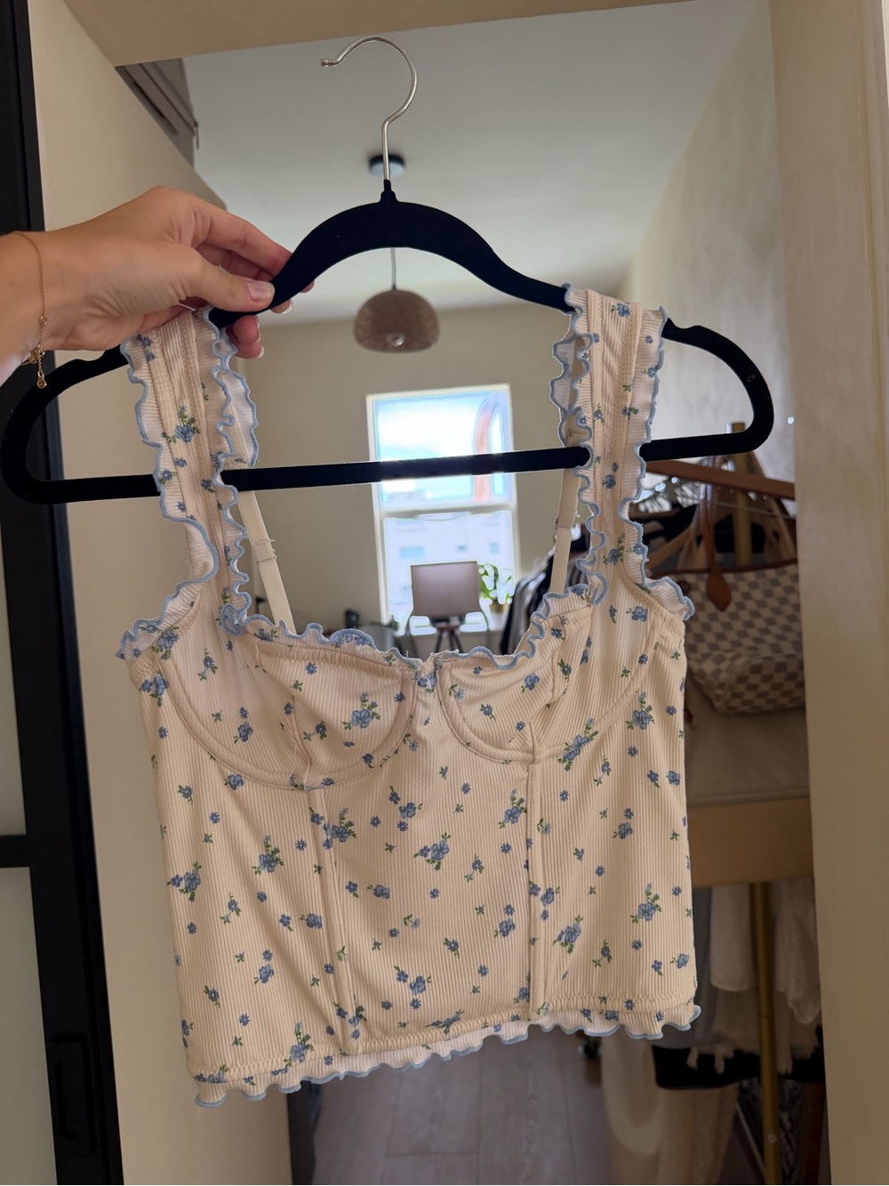UO Floral Ribbed Corset Crop Tank - Blue & Cream
